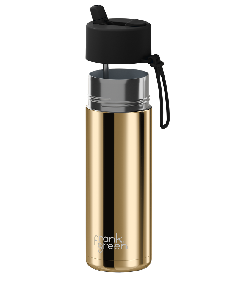 Frank Green Chrome Gold Ceramic Reusable Bottle with Midnight Flip Straw Lid 595ml (20oz)