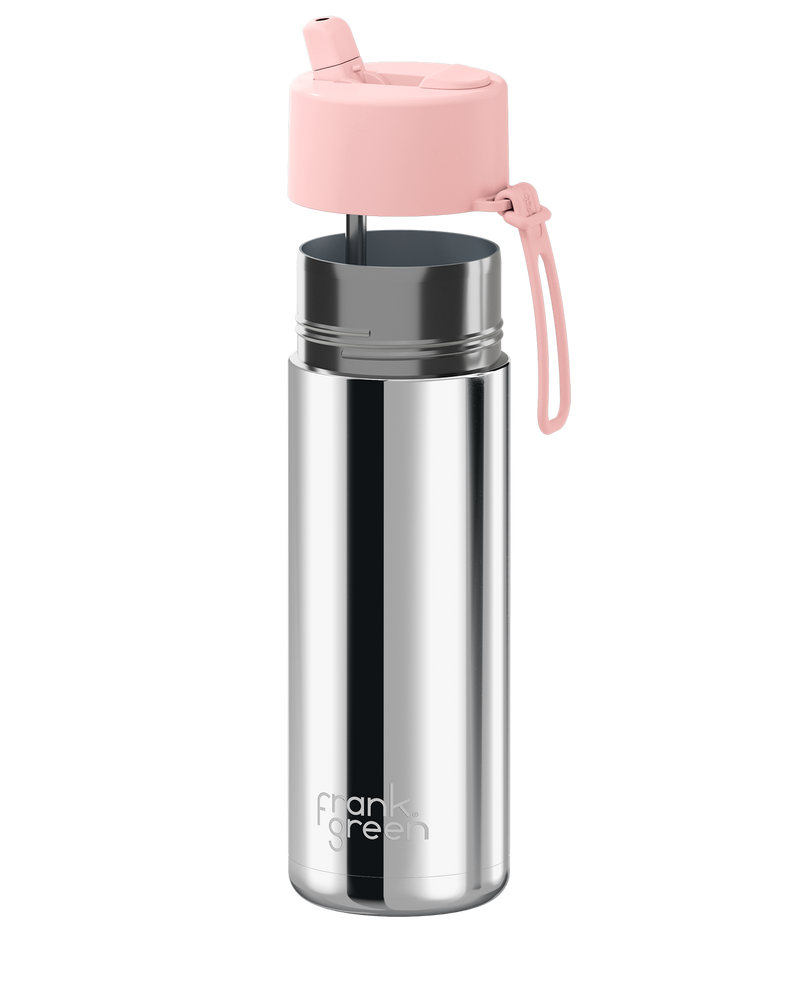 Frank Green Chrome Silver Ceramic Reusable Bottle with Blushed Flip Straw Lid 595ml (20oz)