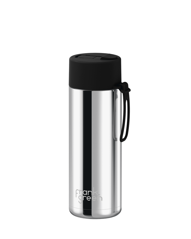 Frank Green Chrome Silver Ceramic Reusable Bottle with Midnight Flip Straw Lid 595ml (20oz)