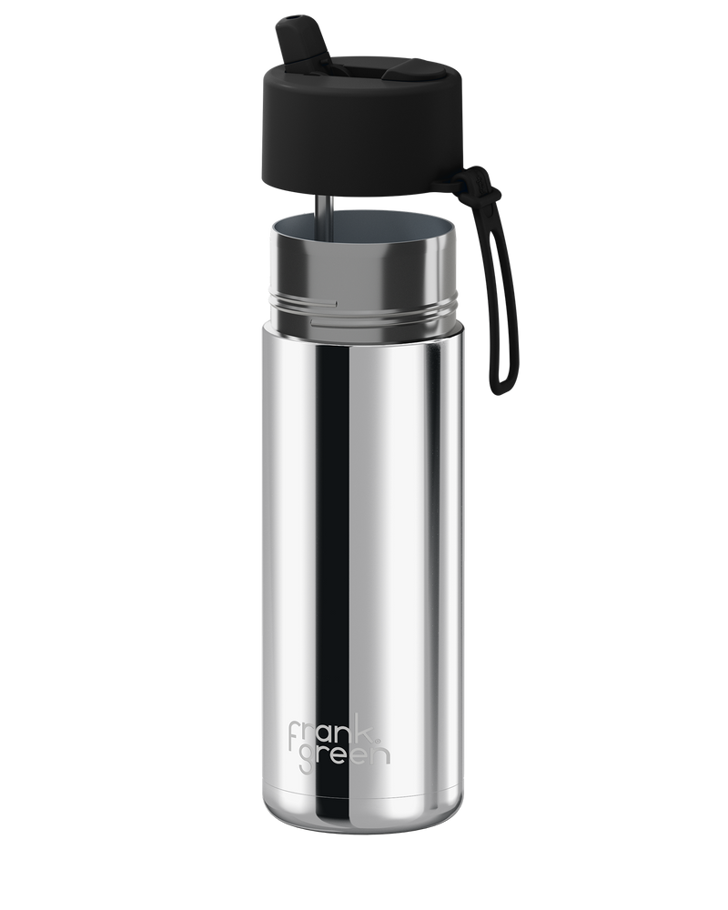 Frank Green Chrome Silver Ceramic Reusable Bottle with Midnight Flip Straw Lid 595ml (20oz)