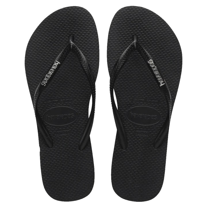 Havaianas Slim Logo Metallic Flip Flops - Black / Silver