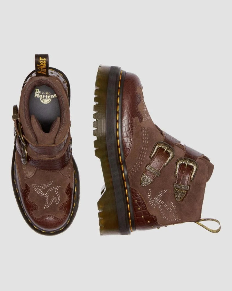 Dr Martens Devon Suede Quad - Dark Brown Classic Pull Up Reptile Emboss & Dark Brown E.H