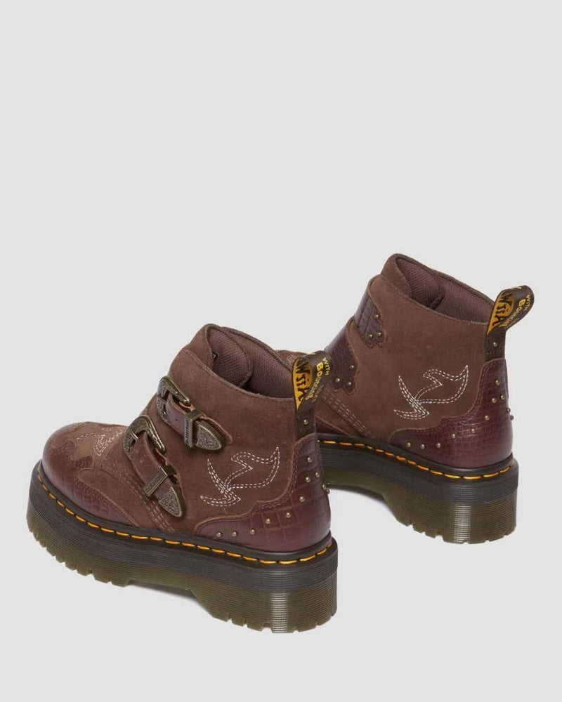 Dr Martens Devon Suede Quad - Dark Brown Classic Pull Up Reptile Emboss & Dark Brown E.H