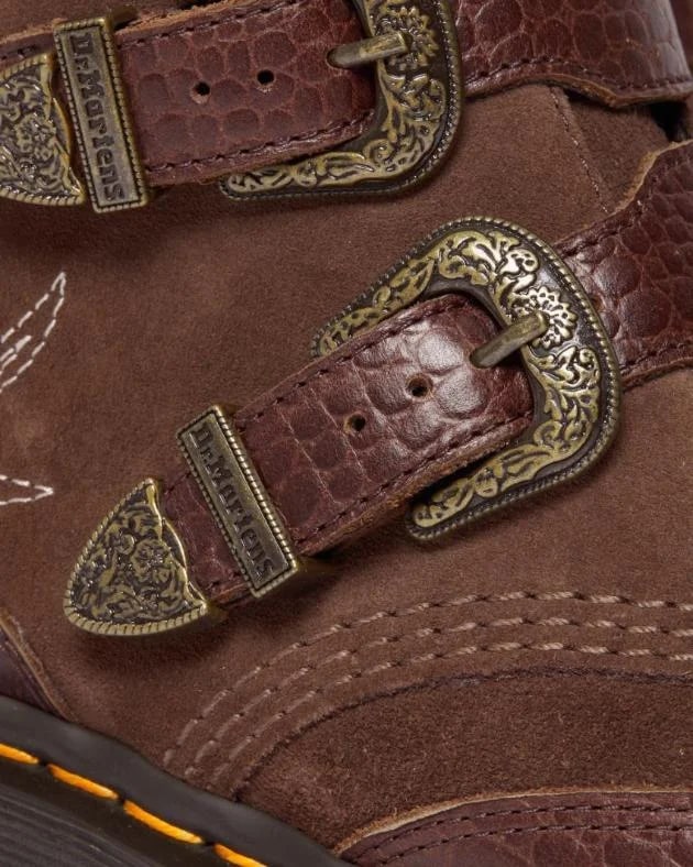 Dr Martens Devon Suede Quad - Dark Brown Classic Pull Up Reptile Emboss & Dark Brown E.H