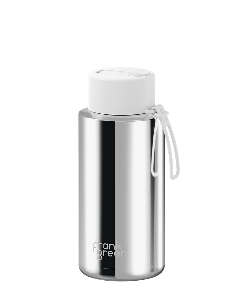 Frank Green Chrome Silver Ceramic Reusable Bottle with Cloud Flip Straw Lid 1000ml (34oz)