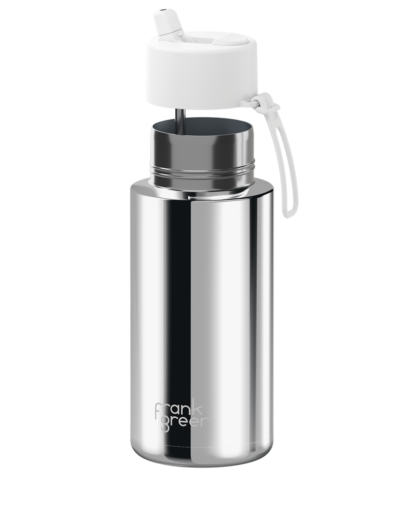 Frank Green Chrome Silver Ceramic Reusable Bottle with Cloud Flip Straw Lid 1000ml (34oz)
