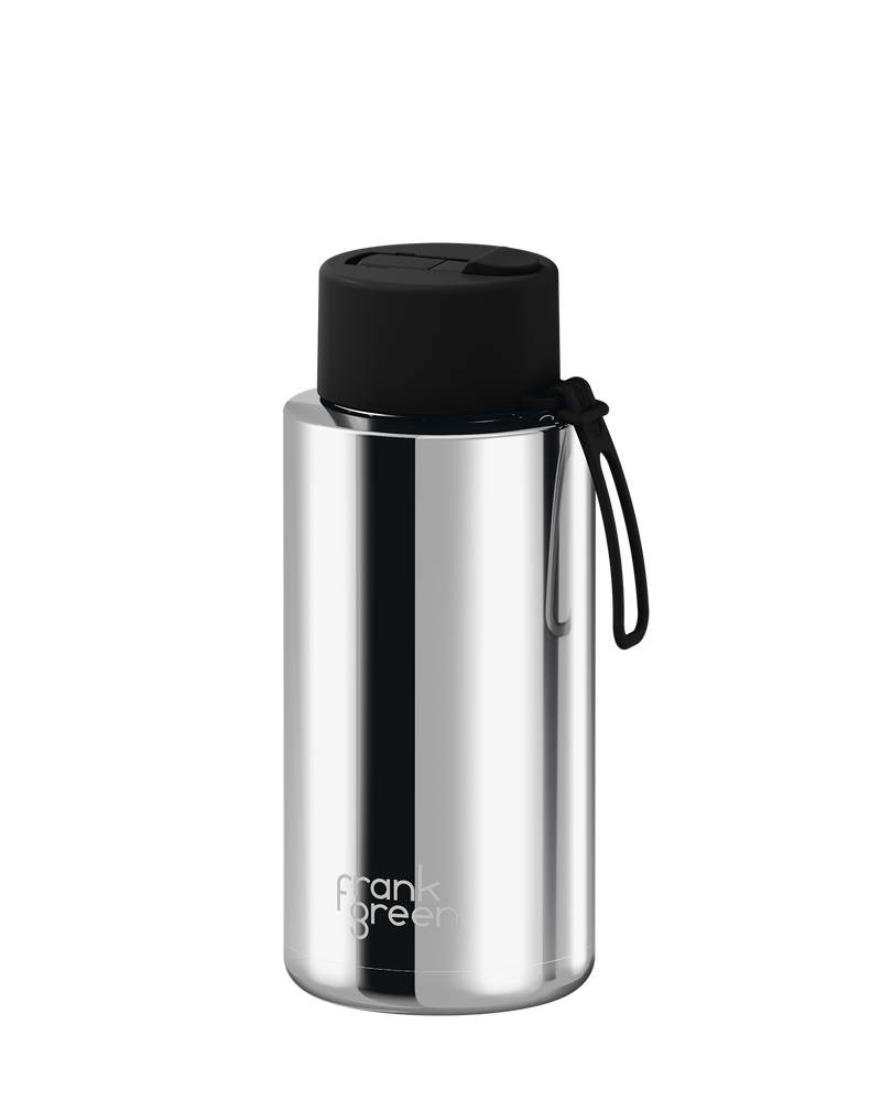 Frank Green Chrome Silver Ceramic Reusable Bottle with Midnight Flip Straw Lid 1000ml (34oz)