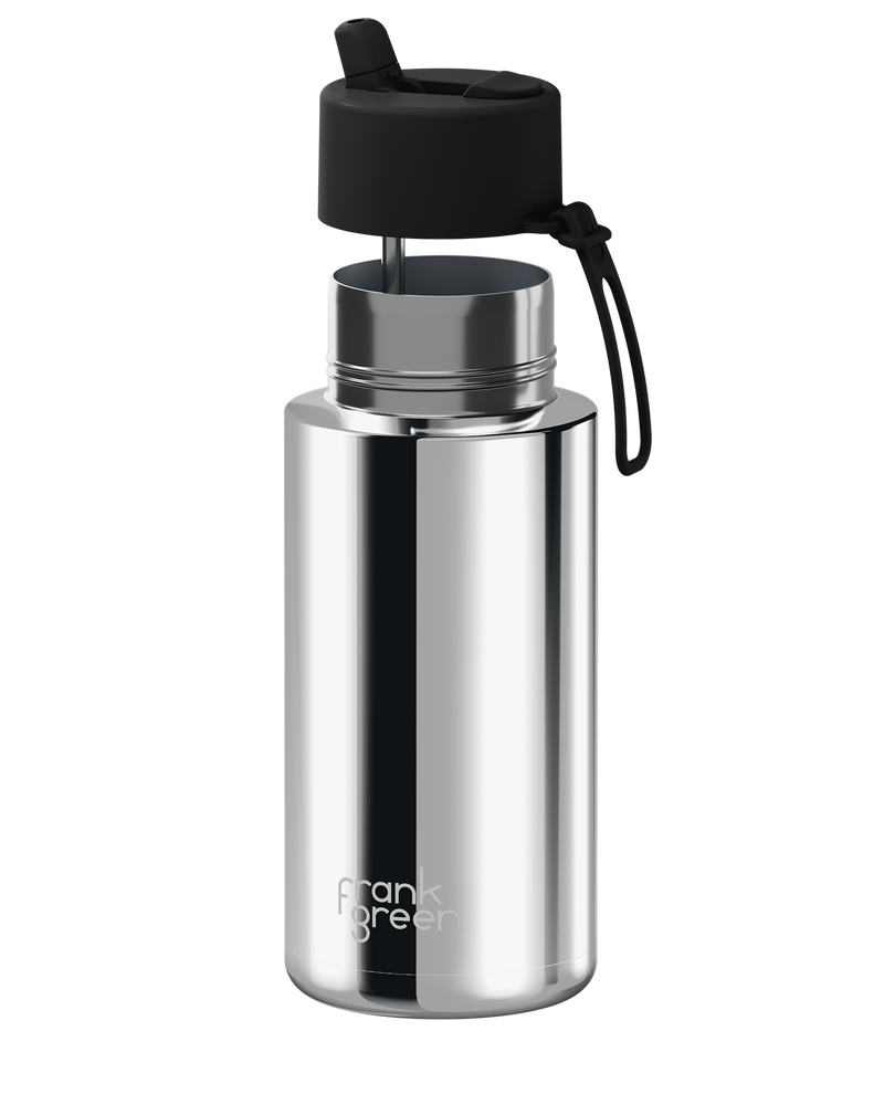 Frank Green Chrome Silver Ceramic Reusable Bottle with Midnight Flip Straw Lid 1000ml (34oz)