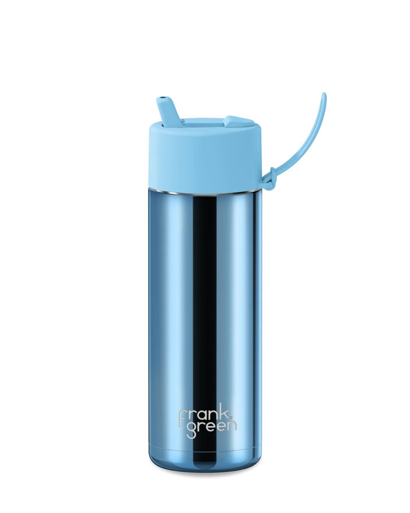 Frank Green Blue Chrome Ceramic Reusable Bottle with Sky Blue Flip Straw Lid 595ml (20oz)
