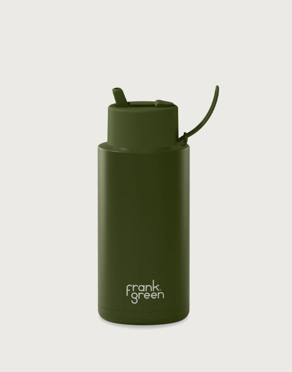Frank Green Khaki Ceramic Reusable Bottle with Flip Straw Lid 1000ml (34oz)