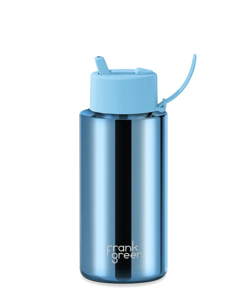 Frank Green Blue Chrome Ceramic Reusable Bottle with Sky Blue Flip Straw Lid 1000ml (34oz)