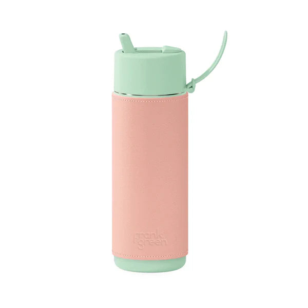 Frank Green Mint Gelato Ceramic Reusable Bottle with Flip Straw Lid & Blushed Cactus Leather Sleeve- 595ml (20oz)