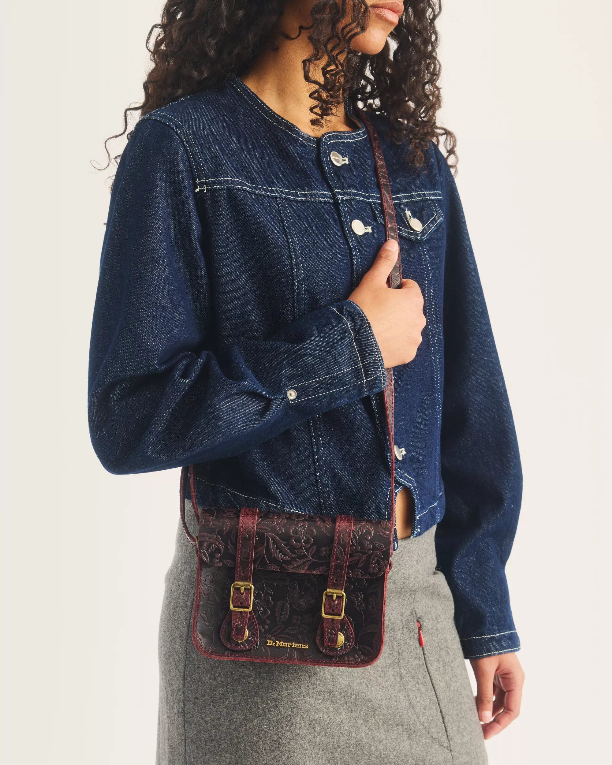 Dr. Martens 7" Leather Satchel - Cherry Red Crazy Horse Floral Emboss