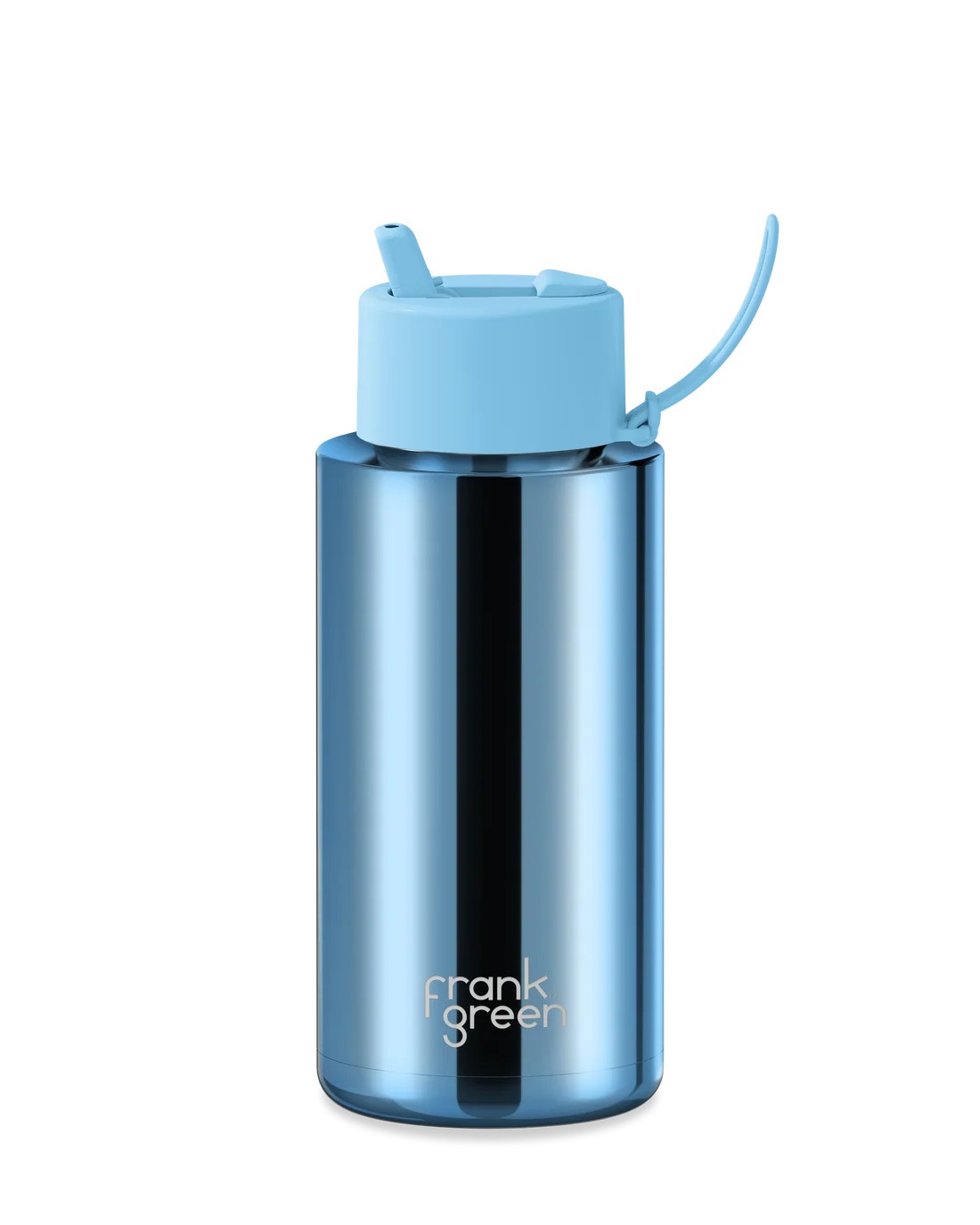 Frank Green Blue Chrome Ceramic Reusable Bottle with Sky Blue Flip Straw Lid 1000ml (34oz)