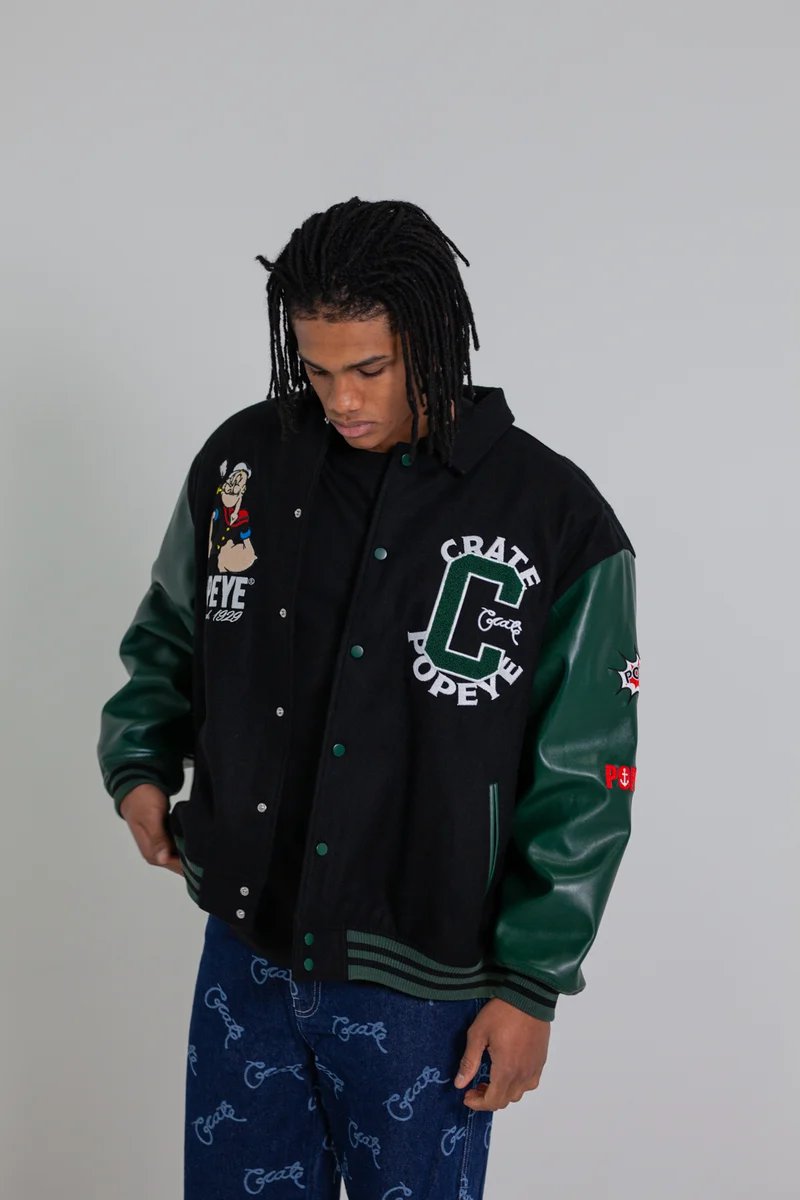 Crate X Popeye Letterman Jacket - Black/Pine