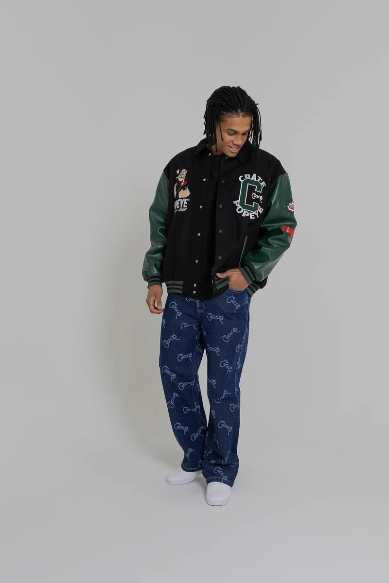 Crate X Popeye Letterman Jacket - Black/Pine