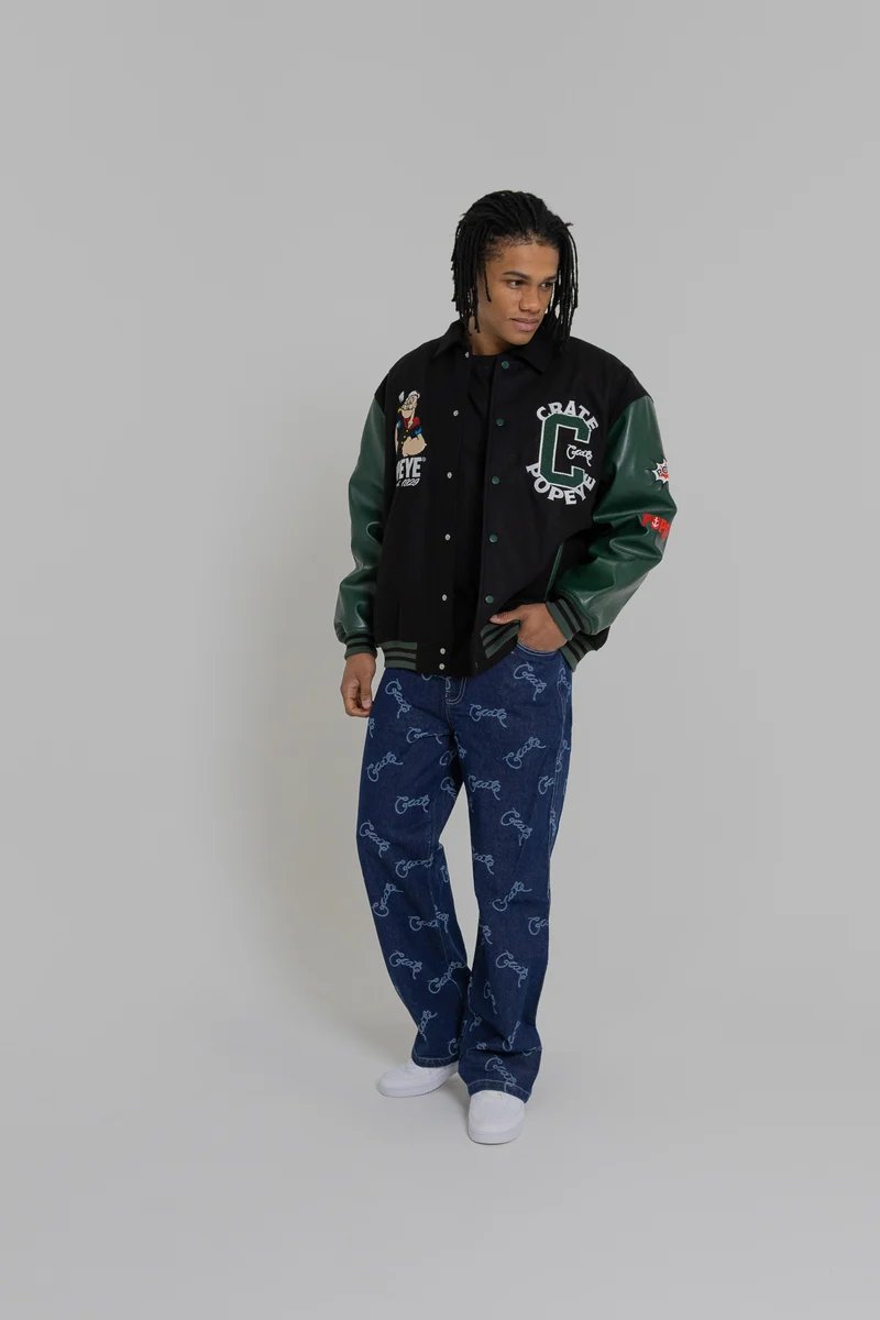 Crate X Popeye Letterman Jacket - Black/Pine